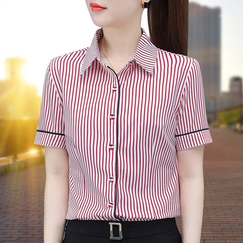 中年妈妈短袖竖条纹衬衫女夏季2026新款宽松大码百搭洋气雪纺衬衣