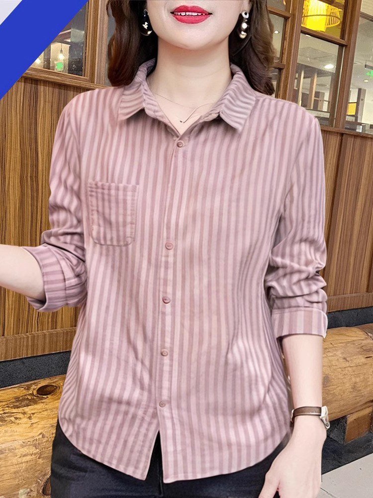 中年妈妈条纹翻领纯棉长袖衬衫女士秋季薄款2026新款宽松大码衬衣