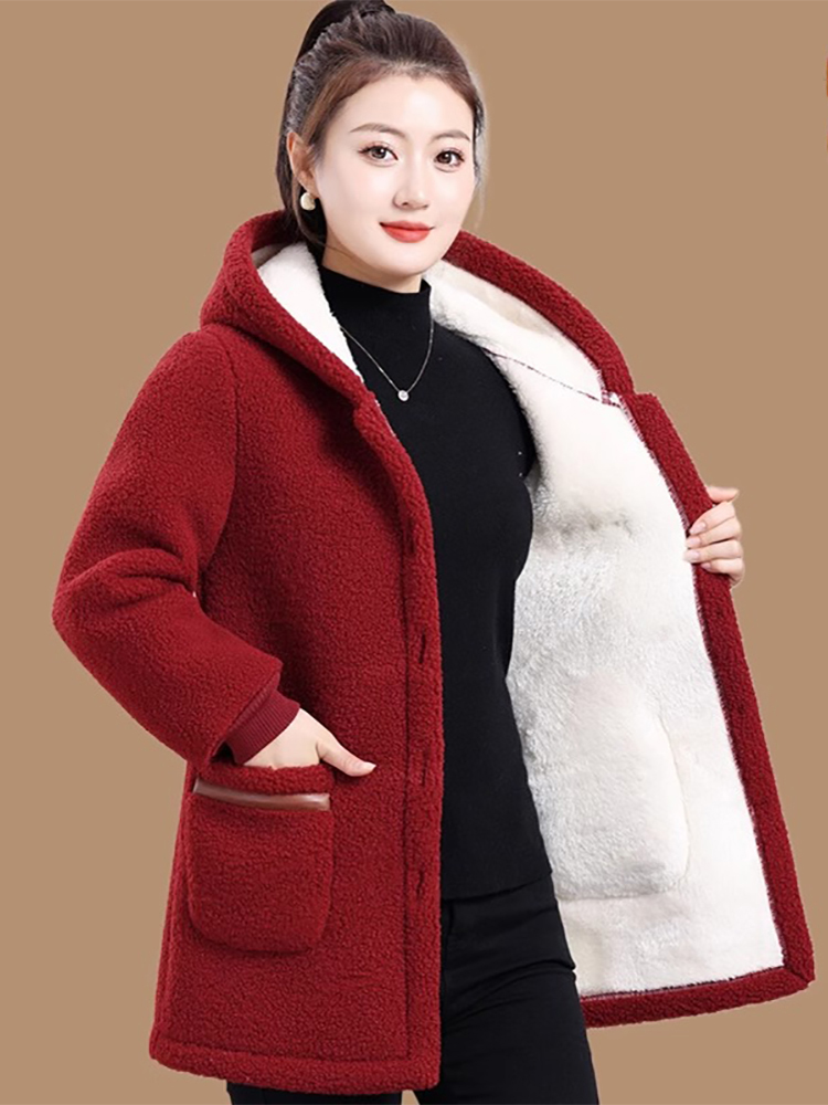 中年妈妈颗粒绒连帽棉衣女士冬装加绒加厚宽松大码保暖棉衣棉袄