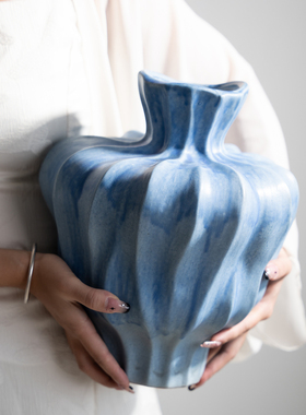 油画风花瓶蓝色高级感复古手工陶瓷摆件客厅插花法式餐桌民宿装饰