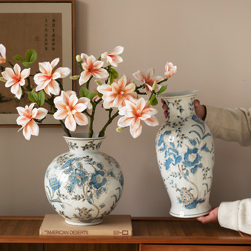 2024新款花瓶宋代美学摆件大肚陶瓷青花瓷客厅彷真花鲜花插花装饰