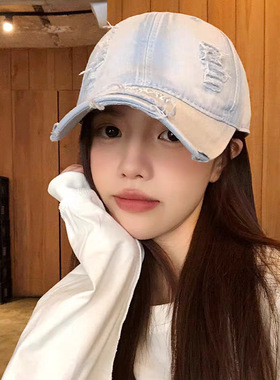 破洞磨边牛仔蓝色棒球帽女水洗做旧宽帽檐大脸显脸小软顶鸭舌帽