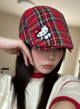 复古格子可爱复古报童帽夏天薄款透气前进帽女kitty显脸小鸭嘴帽