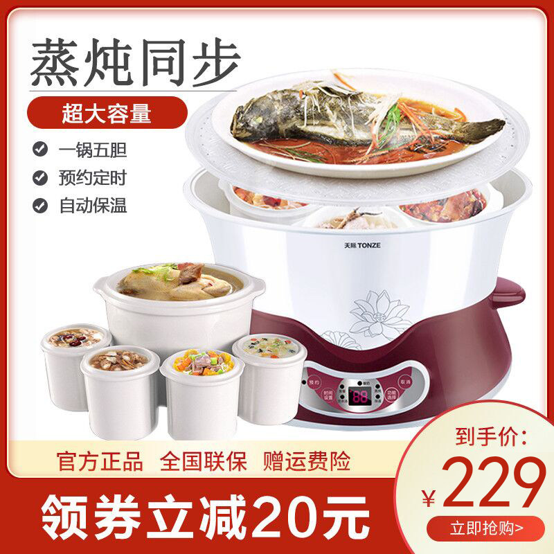 天际隔水炖锅大容量家用煲汤煮粥神器电炖盅陶瓷全自动一锅五胆4L