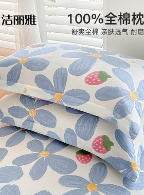 洁丽雅100全棉枕套一对装纯棉枕头套双人48x74cm枕芯套男加大家用