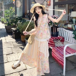 多巴胺甜美碎花无袖 夏日绝美穿搭套装 背心衬衣半身裙女夏两件套甜