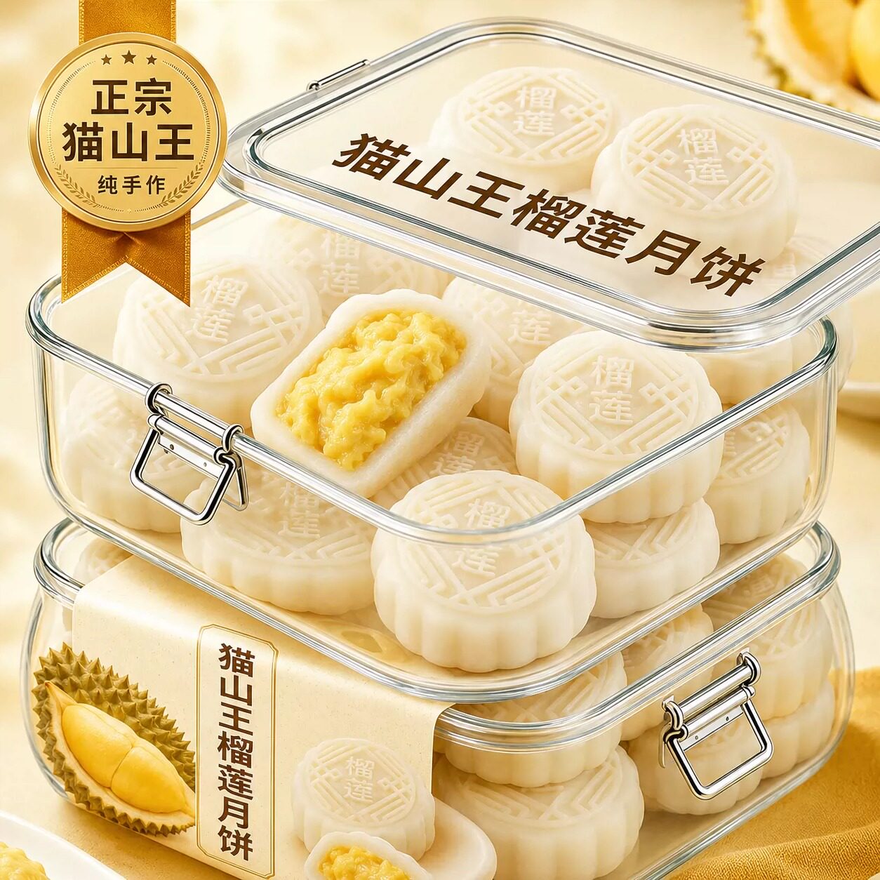 正宗猫山王榴莲冰皮月饼官方旗舰店广式流心月饼中秋节高端礼盒装
