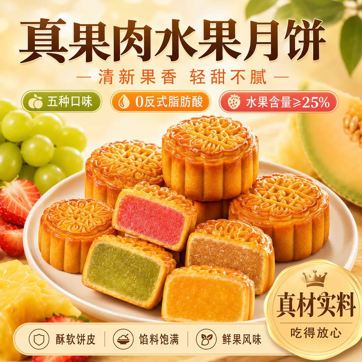 正宗广式水果月饼官方旗舰店老式五仁蛋黄莲蓉迷你水果味馅料月饼