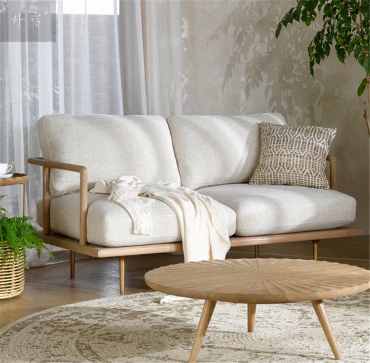 实木布艺沙发金属腿创意北欧简约客厅双人三人现代水曲柳藤编沙发