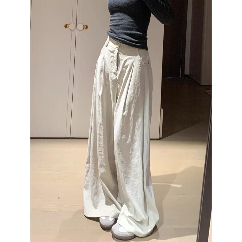 女士高腰遮胯冰丝拖地裤大码西装阔腿裤女夏季薄款胖mm垂坠感显瘦