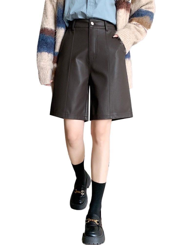 Plus size Maillard Curry Puleather shorts Women's Outwear Fall and winter Plus Size Ladies high waist Slim Looking Loose Wide Leg Half Length Boots