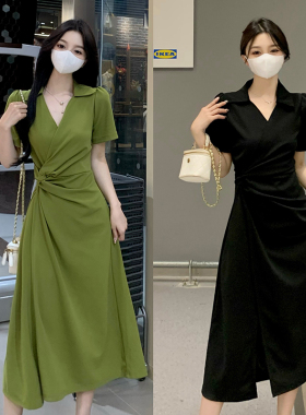 大尺码女夏新款法式气质名媛收腰A字长裙胖mm显瘦遮肚开叉V0517r