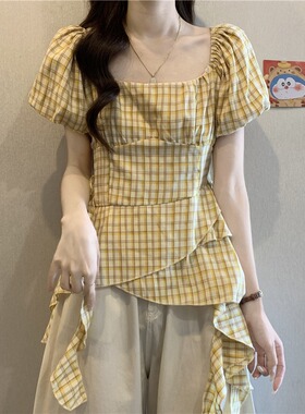 法式泡泡袖黄色格子短袖衬衫女夏大尺码胖mm收腰遮肚好看方0517r