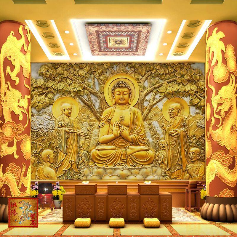 如来佛壁画佛像浮雕背景墙壁纸大型3d8d佛堂壁布墙纸