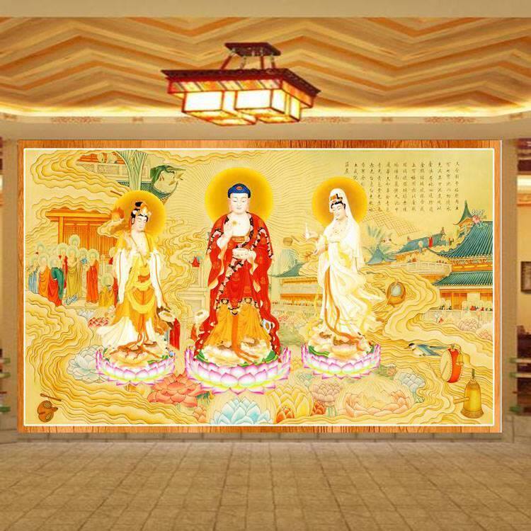 西方三圣墙纸佛像佛堂文化背景墙寺庙壁纸西方接引图背景布壁画