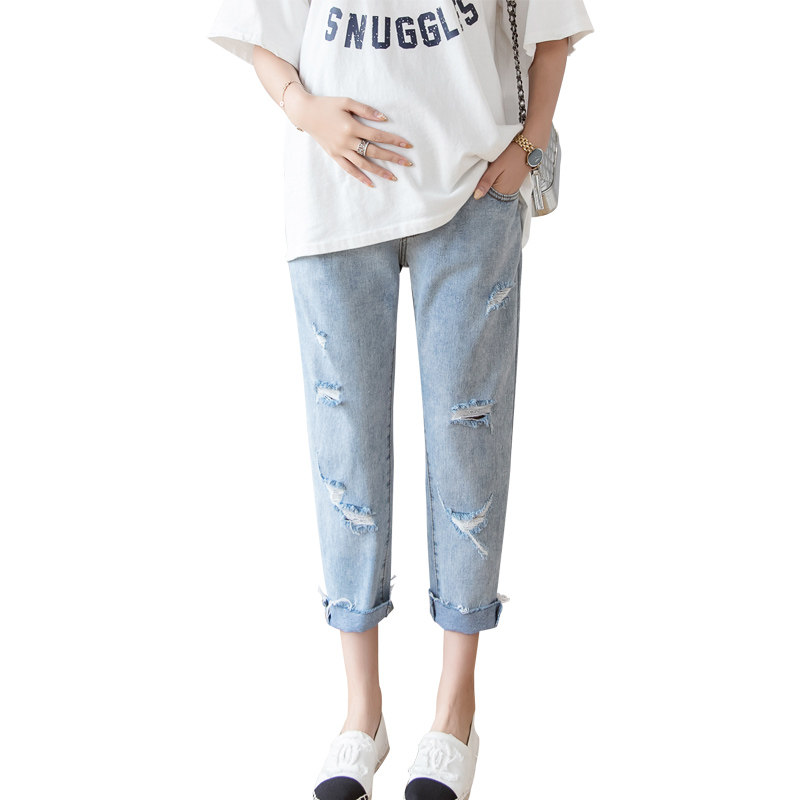 孕妇牛仔裤春夏薄款宽松休闲直筒七分裤托腹破洞外穿孕妇裤子夏季