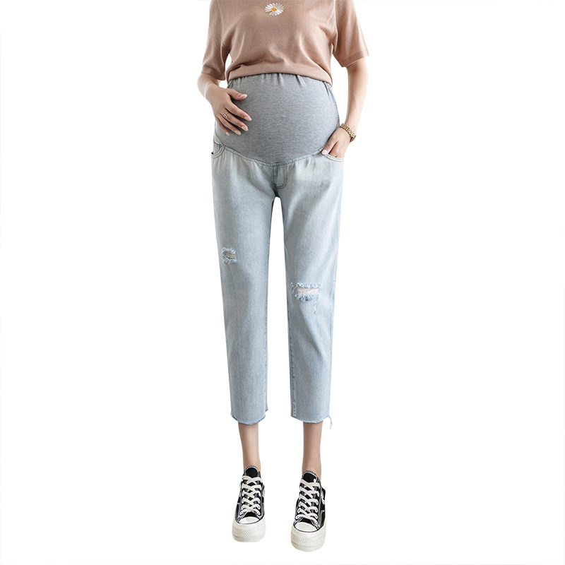 孕妇牛仔裤春夏薄款宽松休闲直筒七分裤托腹破洞毛边孕妇裤子夏季