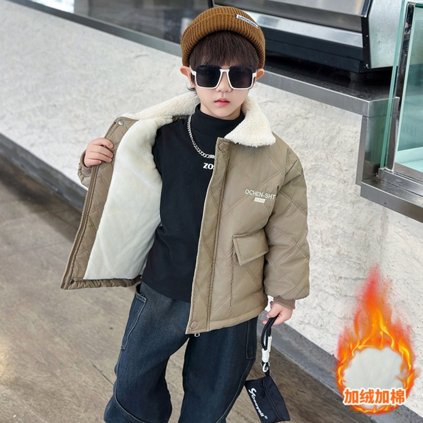 男小童加绒皮衣儿童冬季防风外套