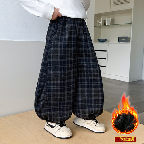 男童一体绒裤子宽松格子休闲裤