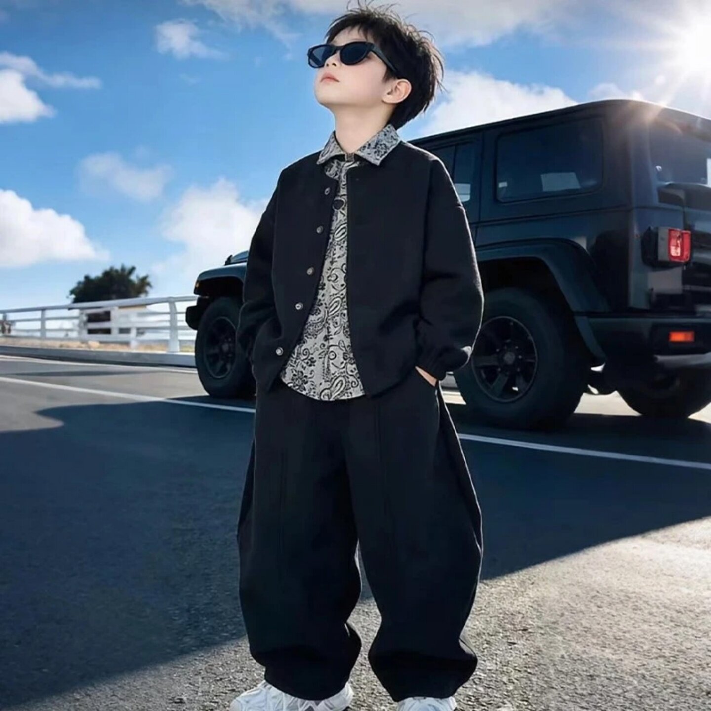 儿童装男童套装春秋2026新款韩版中大童潮酷外套衬衫休闲裤三件套