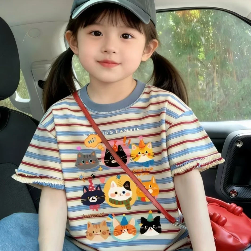 韩系穿搭卡通猫咪撞色条纹短袖T恤女夏季纯棉宽松百搭甜美风上衣