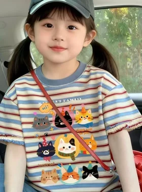 韩系穿搭卡通猫咪撞色条纹短袖T恤女夏季纯棉宽松百搭甜美风上衣