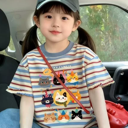 韩系穿搭卡通猫咪撞色条纹短袖T恤女夏季纯棉宽松百搭甜美风上衣