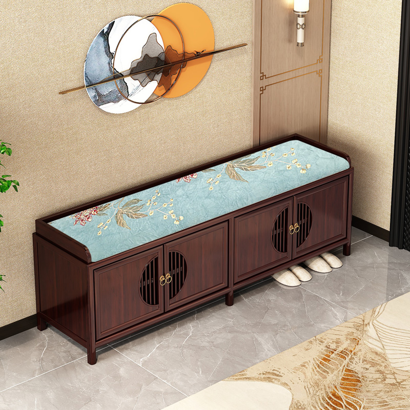 实木鞋柜一体换鞋凳乌金木