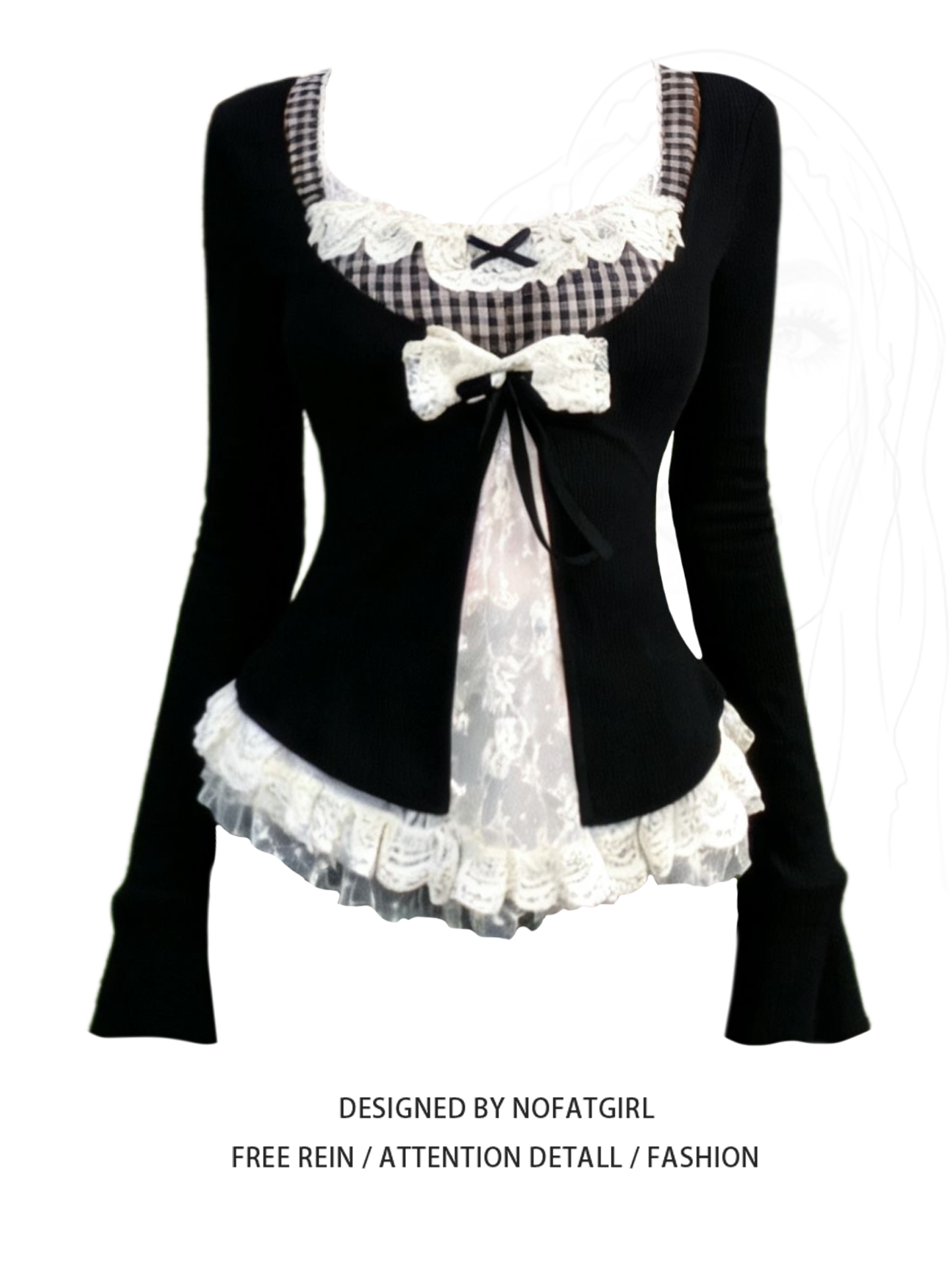 thumbnail for Large size fat MM French sweet girl fake two-piece top women's spring new design niche lace bow shirt