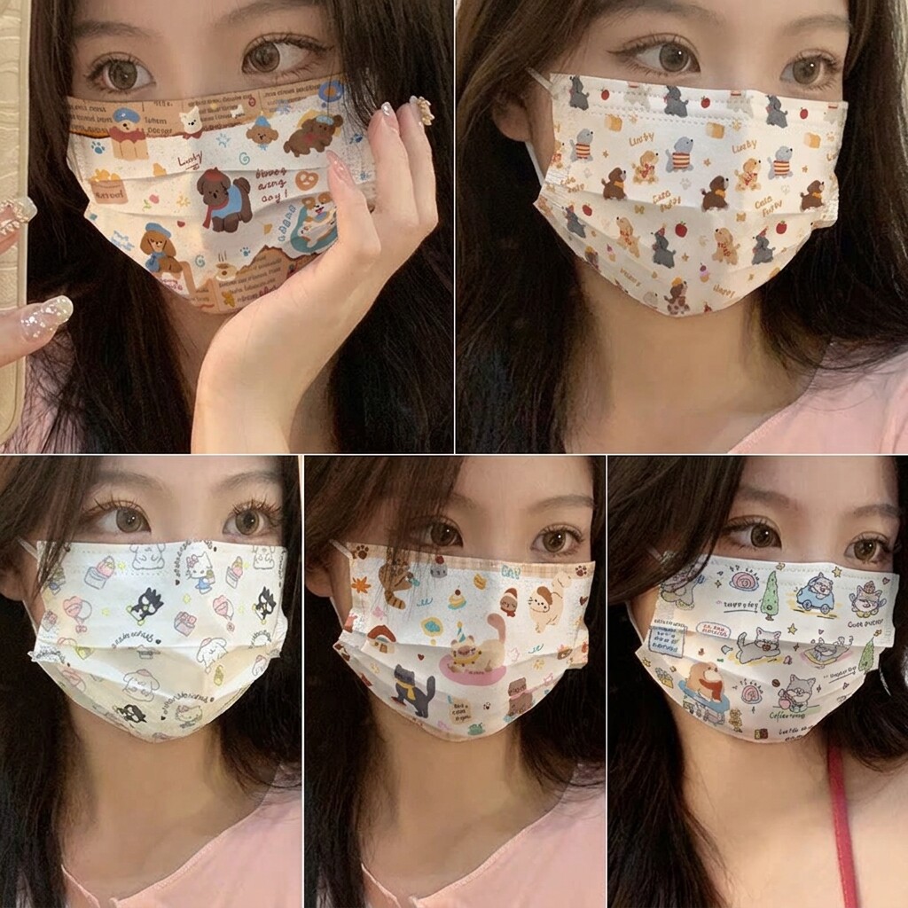 卡通可爱印花口罩腊肠狗小猫白色女生高颜值防晒防风防尘口罩小脸