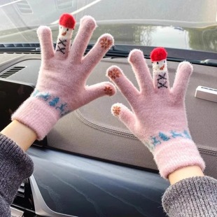 手套女冬季 加绒加厚骑车保暖可触屏毛线手套 可爱毛绒针织五指韩版