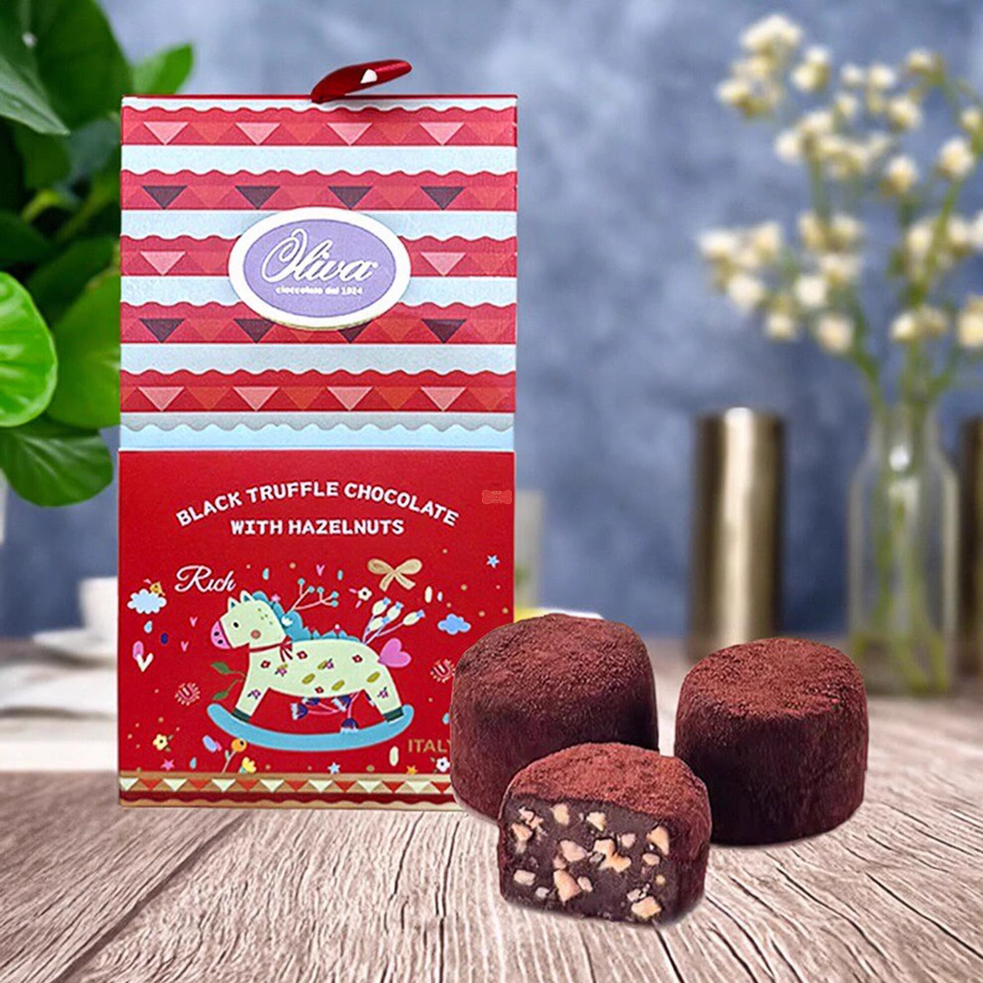 意大利进口零食甜品OLIVA欧莉松露形榛子黑巧克力幸运小马盒装80g