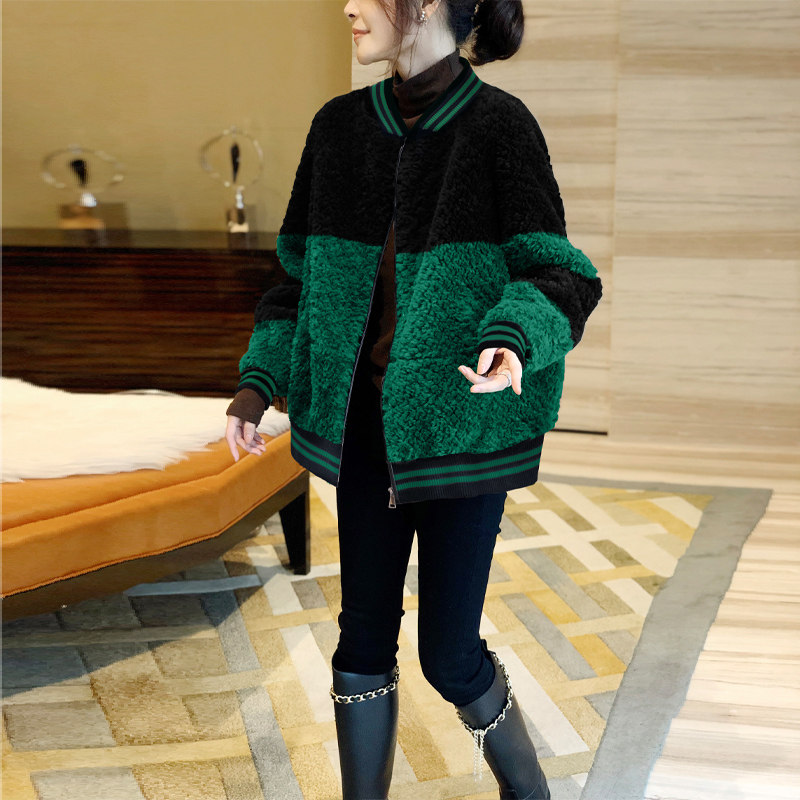 小个子撞色仿羊羔毛外套女春装时尚百搭短款夹克2022年新款欧洲站