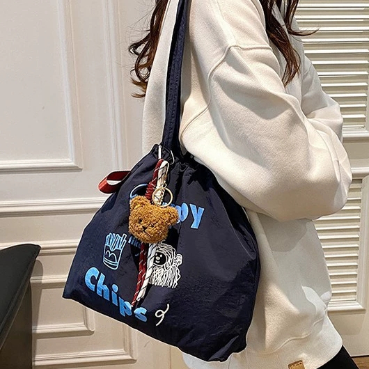 慵懒风刺绣帆布包包女2024新款潮韩国托特包学生上课大容量斜挎包
