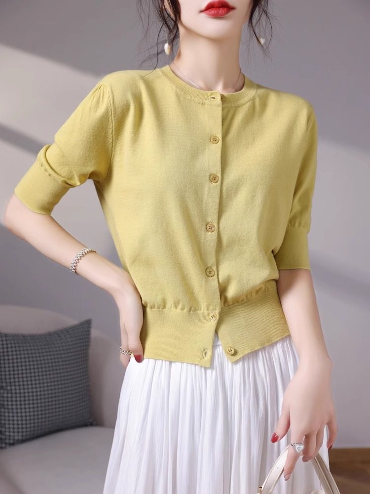 冰丝凉感短袖t恤针织开衫女薄款短款泡泡袖上衣气质甜美法式开衫,女装/女士精品,T恤,淘宝优惠券,粉丝福利购,淘宝优惠卷