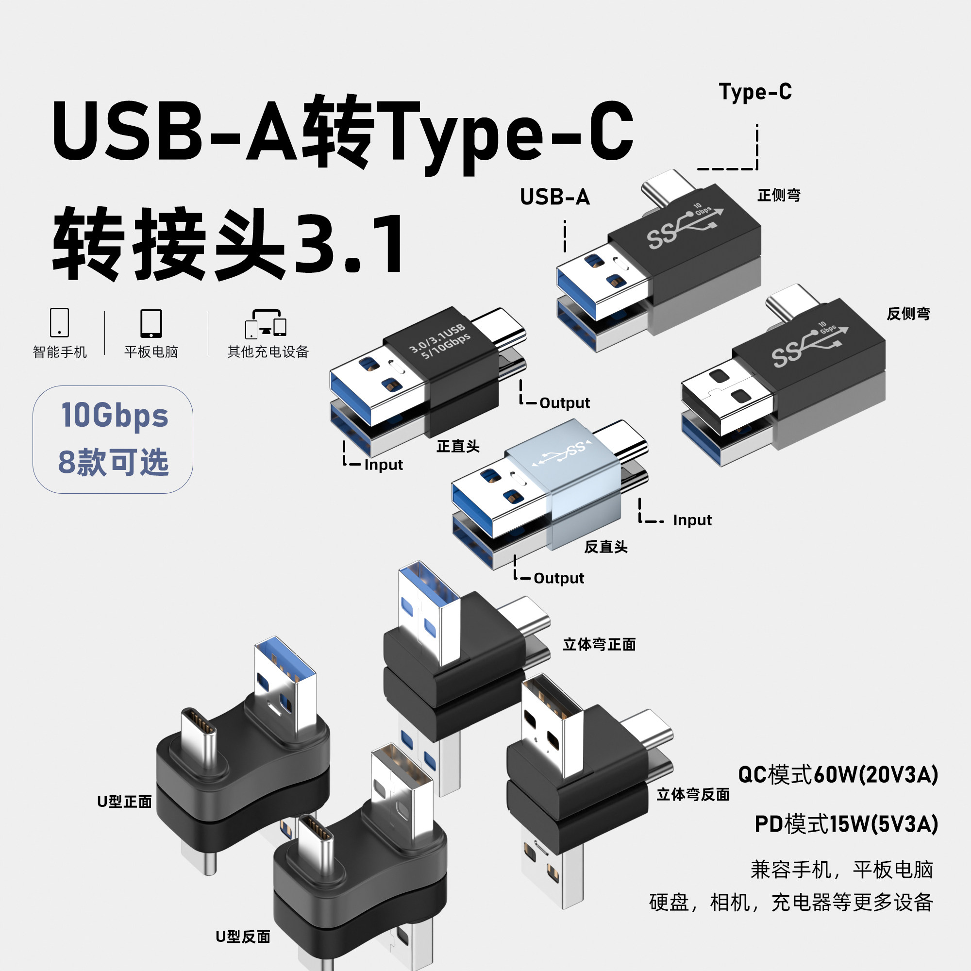 俊达利 usb转type c转接头手机笔记本电脑平板连接U盘高速数据传输快速充电转换器3.1ogt直角u型弯转接头