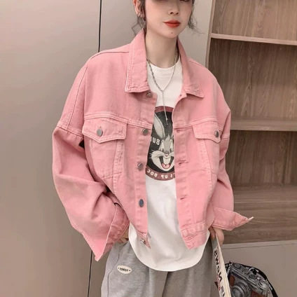 秋季粉红色牛仔外套女春