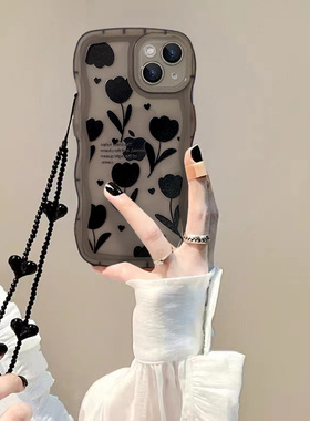 适用苹果14手机壳波浪气囊防摔iphone14promax保护套黑色小花13ProMax硅胶12透明11镜头全包xsmax新款por女潮