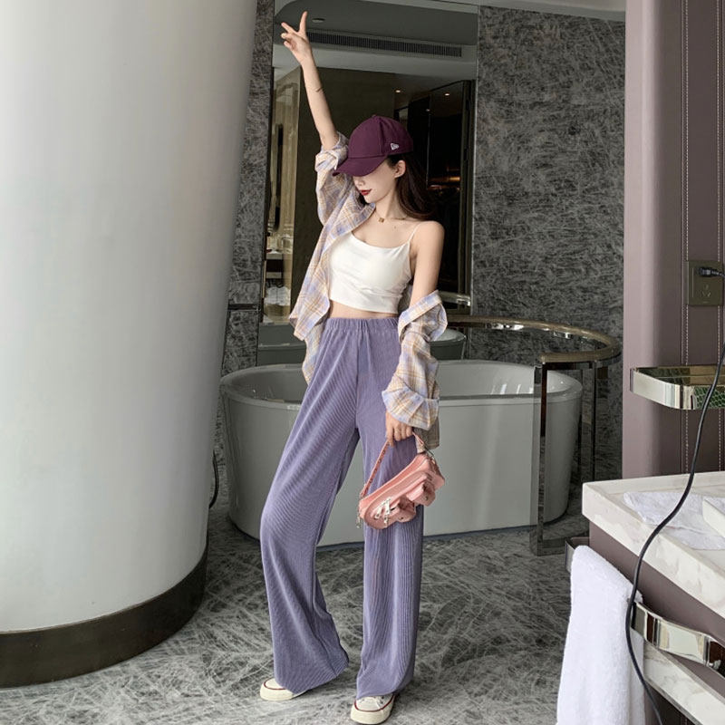 网红同款三件套女夏2020新款格子防晒衬衫+小吊带+垂感阔腿裤套装