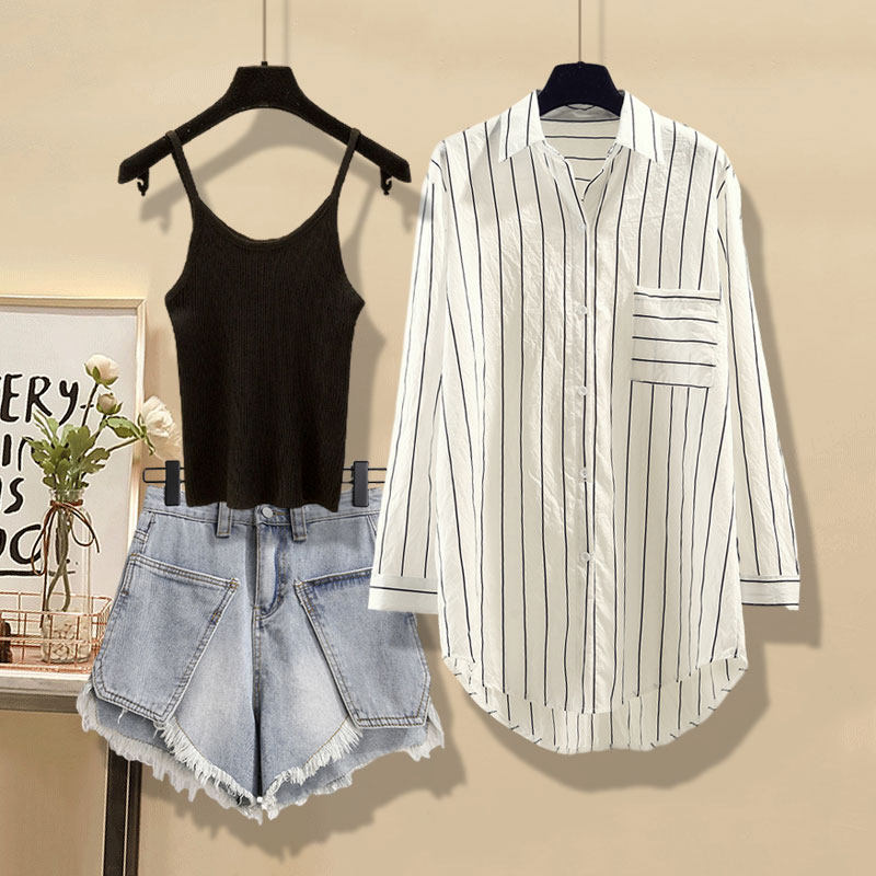 洋气减龄时尚三件套女夏季薄款防晒条纹衬衫吊带背心牛仔短裤套装