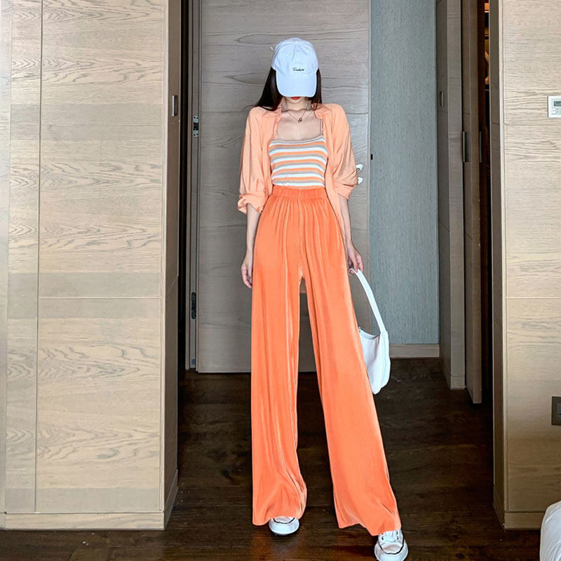 夏季薄款防晒衬衫+条纹吊带+高腰垂感阔腿裤三件套洋气减龄套装女