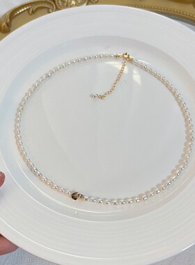 超越珠宝 网红热款双爱心锁骨链 3-4mm天然淡水米型珍珠 时尚女神