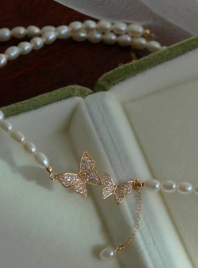 超越珠宝 网红蝴蝶结颈链 锁骨链 天然淡水珍珠 优雅自如生机盎然