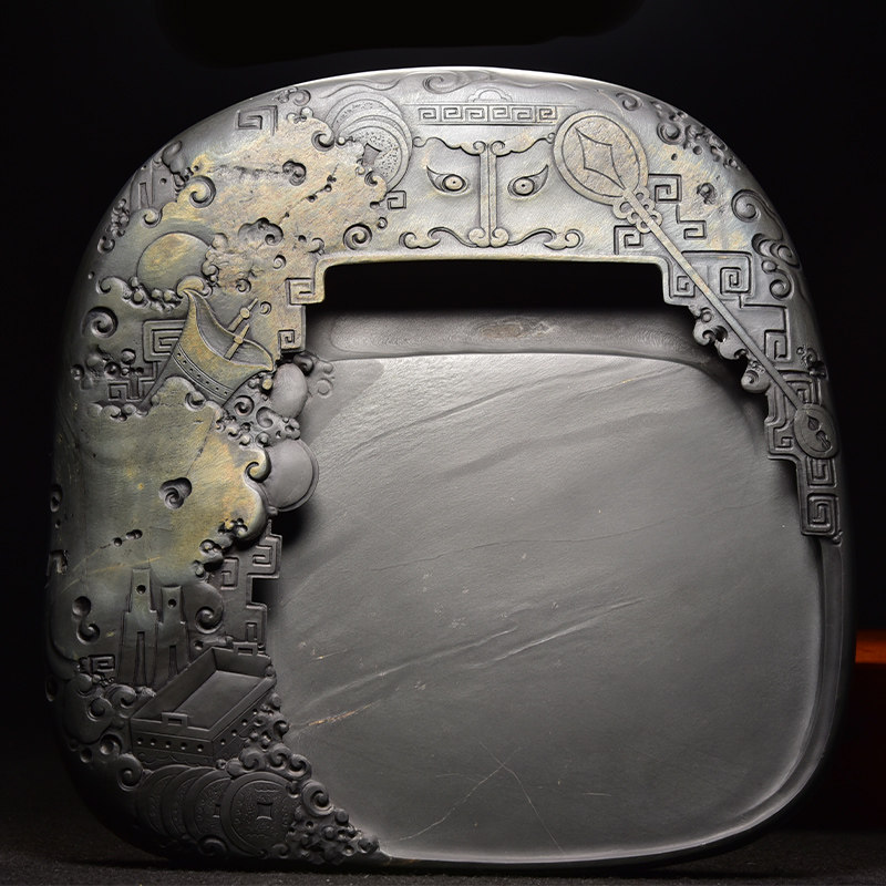 名师手工/大千世界/天然原石老坑金皮眉纹精品高档珍藏礼品安徽歙县文房四宝纸墨笔砚墨条套装书法专用歙砚台