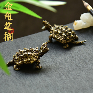 高档文房四宝纸墨笔砚书法专用中小楷毛笔笔搁笔架笔山笔托 安徽歙县实心黄铜镇尺压纸搁笔金龟文创非遗传承