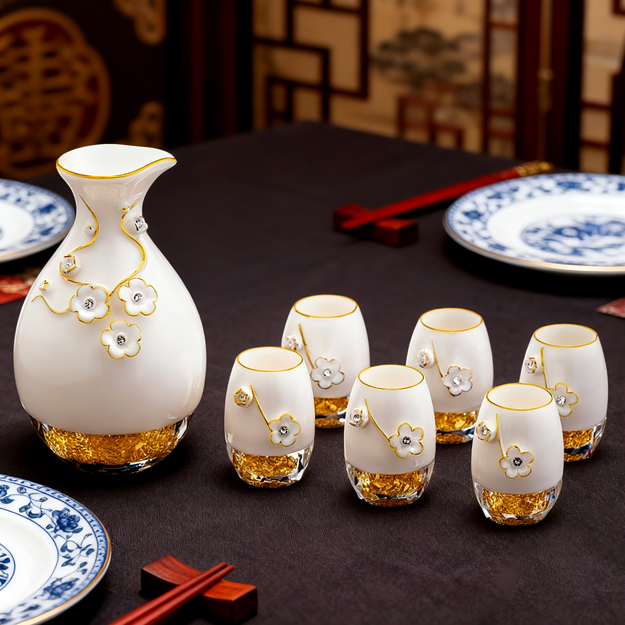 羊脂玉瓷创意金箔陶瓷白酒杯高级感二两白酒杯中式白酒杯礼盒套装,餐饮具,白酒杯,淘宝优惠券,粉丝福利购,淘宝优惠卷