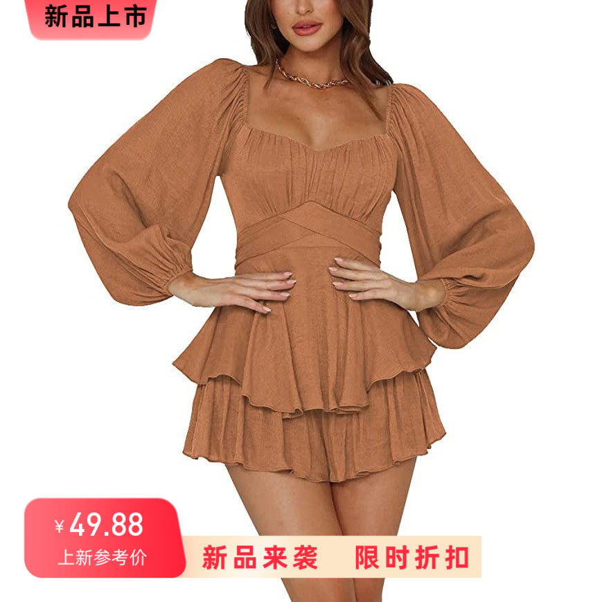热卖灯笼袖欧美连衣裤长袖夏季女装高级感钻石领百褶裤裙潮牌款