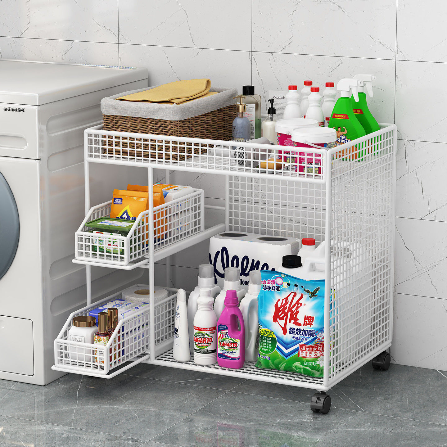 可承重洗衣液置物架多层带轮推车