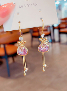 气质长款紫色福袋流苏耳环韩国高级感轻奢水晶耳饰时尚无耳洞耳夹