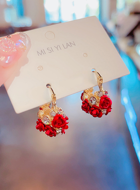 红色花篮耳环小众设计感秋冬气质网红耳坠时尚复古独特中国风耳饰